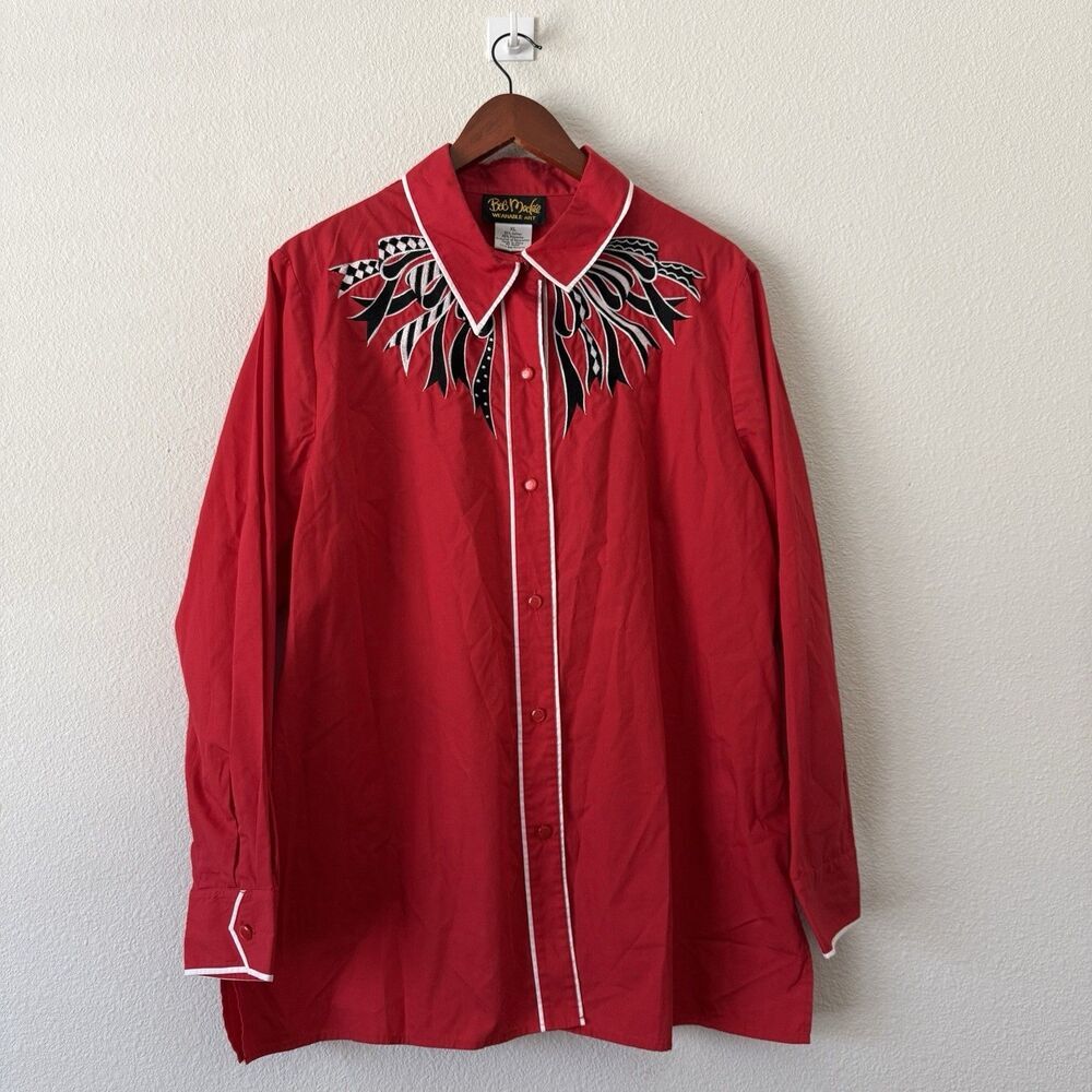 Bob Mackie Vintage 90s Red Western Shirt Embroidered Bow Wearable Art XL